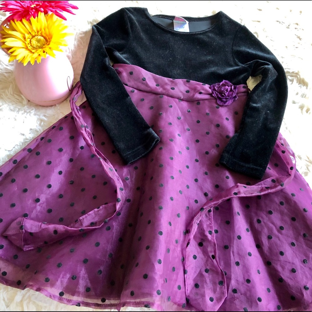 Girls Elegant Velour  Blk/Deep Plum Dress